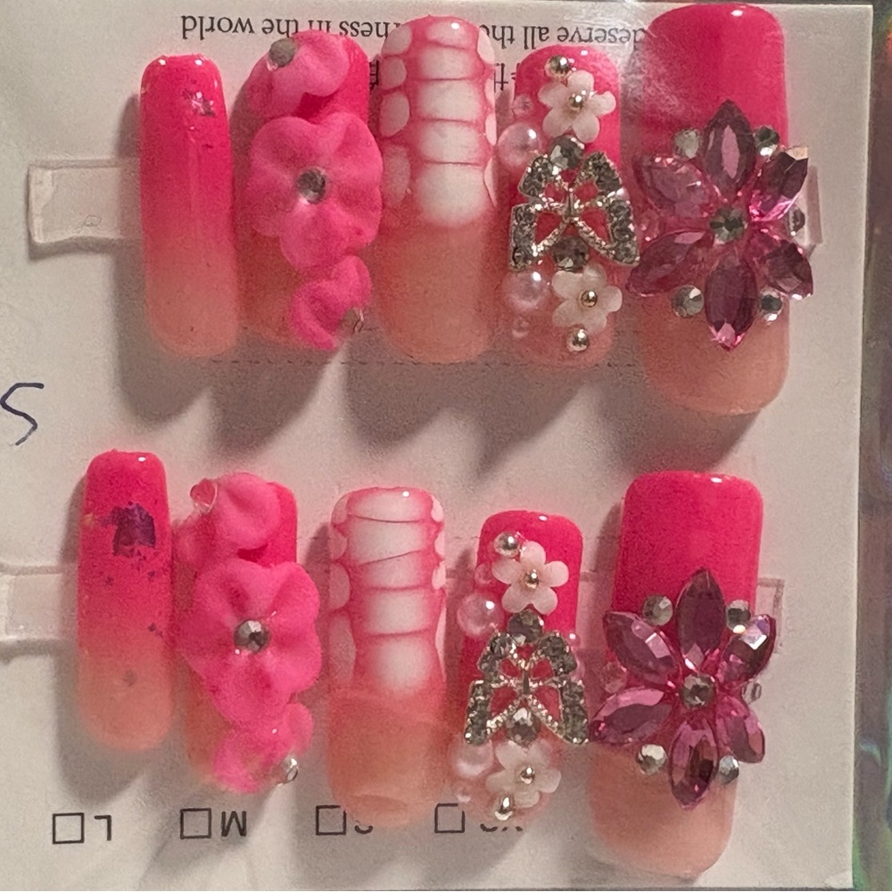 Pink Floral Embellished Press-On Nails